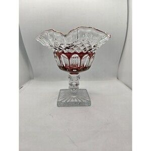 Westmoreland Crystal Ruffled Compote Ruby  Carnival Candy Dish Signed 91' VTG